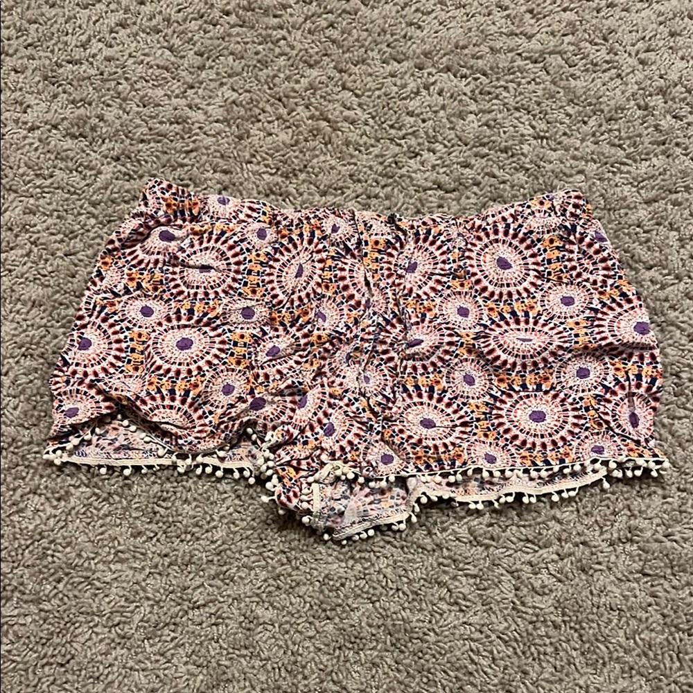 Bohemian Patterned Shorts with Pom Pom Trim